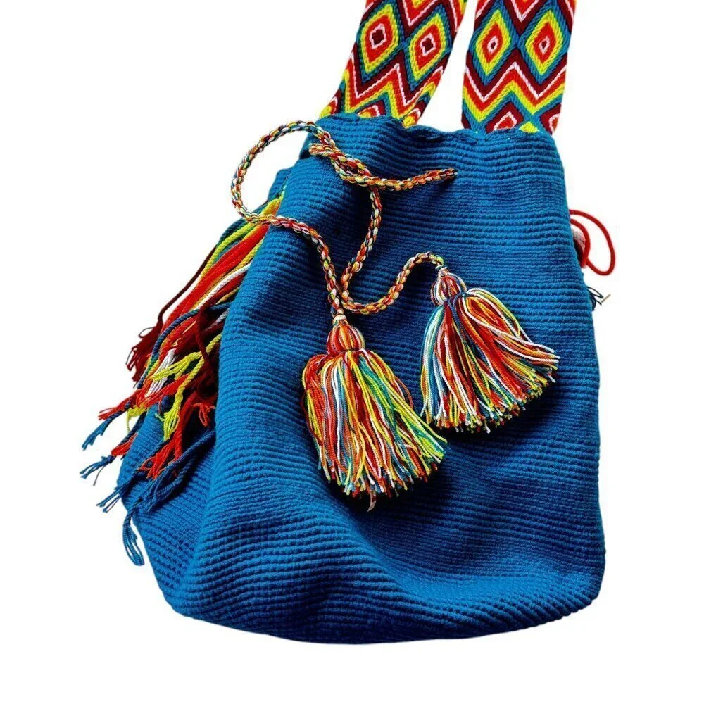 Wayuu Mochila Bucket Hobo Bag Columbian Riohacha Drawstring Multi Strap Blue